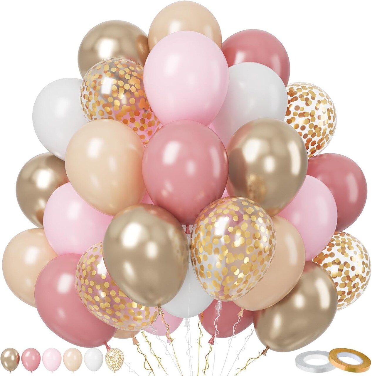 50-Pack Blush Pink Balloon Set 12in – Pastel, Champagne Gold & Confetti Boho Party Decor